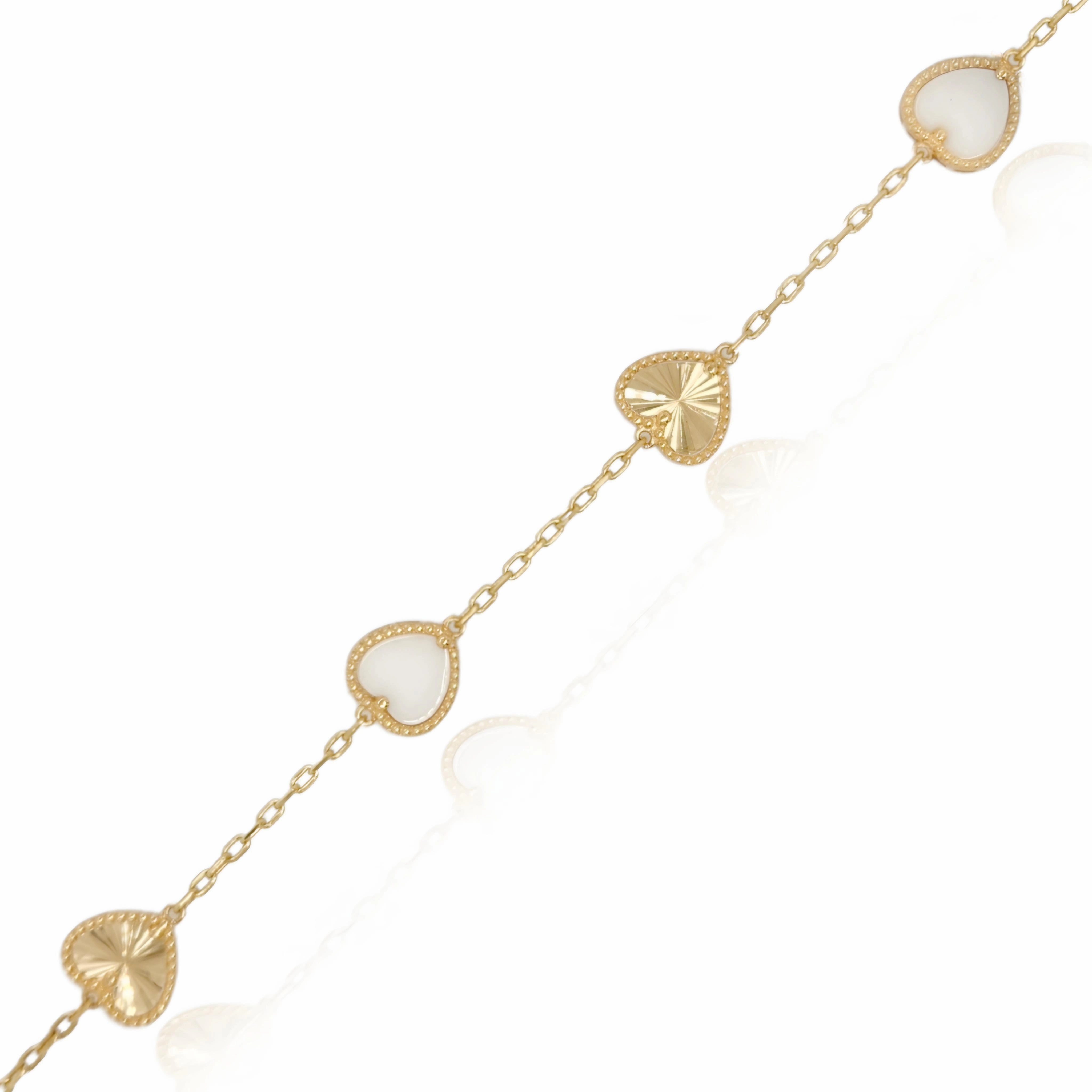 14k Gold Alternating Mother of Pearl and Gold Heart Bracelet Chakra Balance