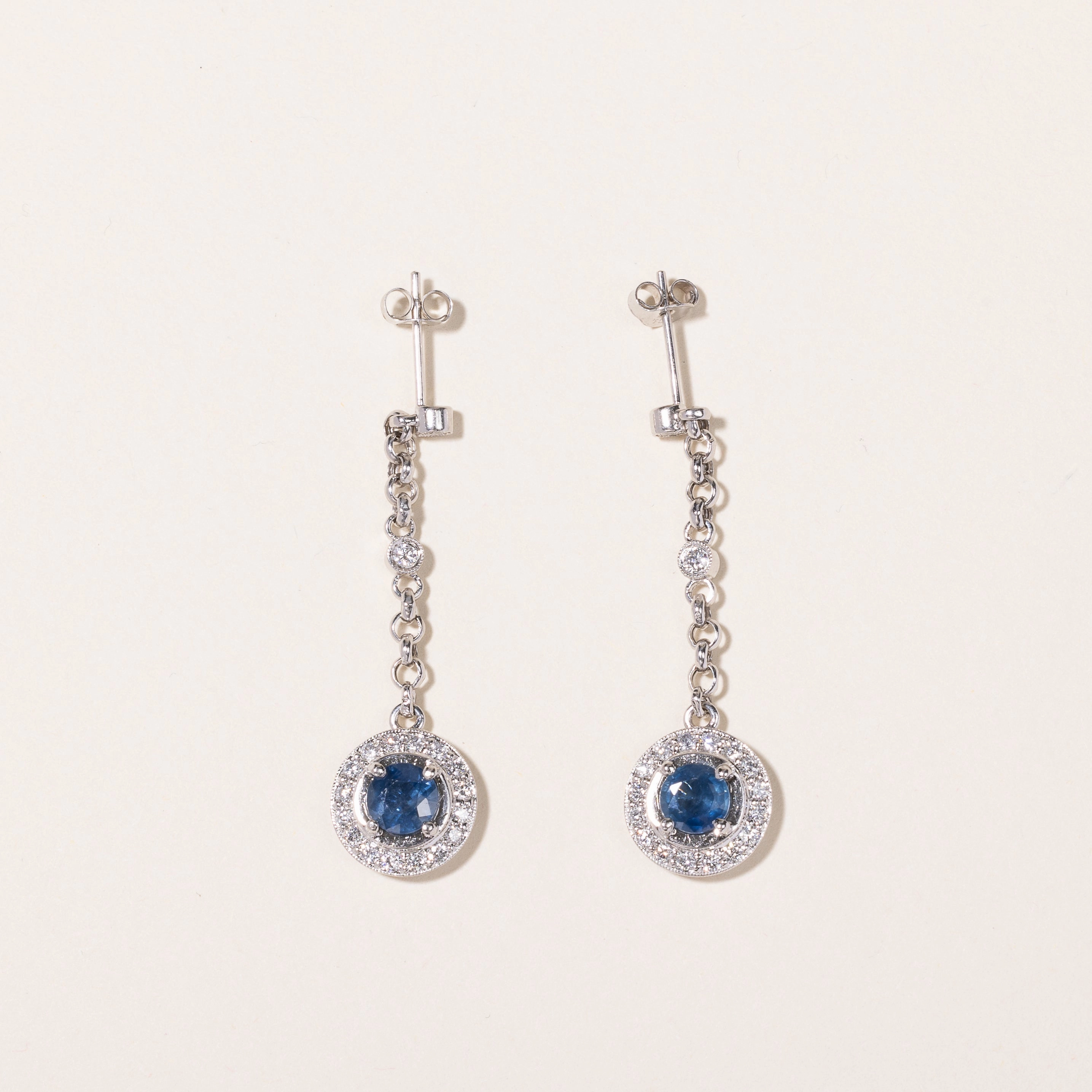 14k White Gold Sapphire & Diamond Drop Earrings | 0.80ctw, 1.45ctw | Unique Piece
