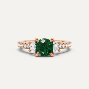 1 1/10 ctw Round Created Emerald Three Stone Engagement Ring With Trapezoid Side Stones Glowing Details Vogue Style