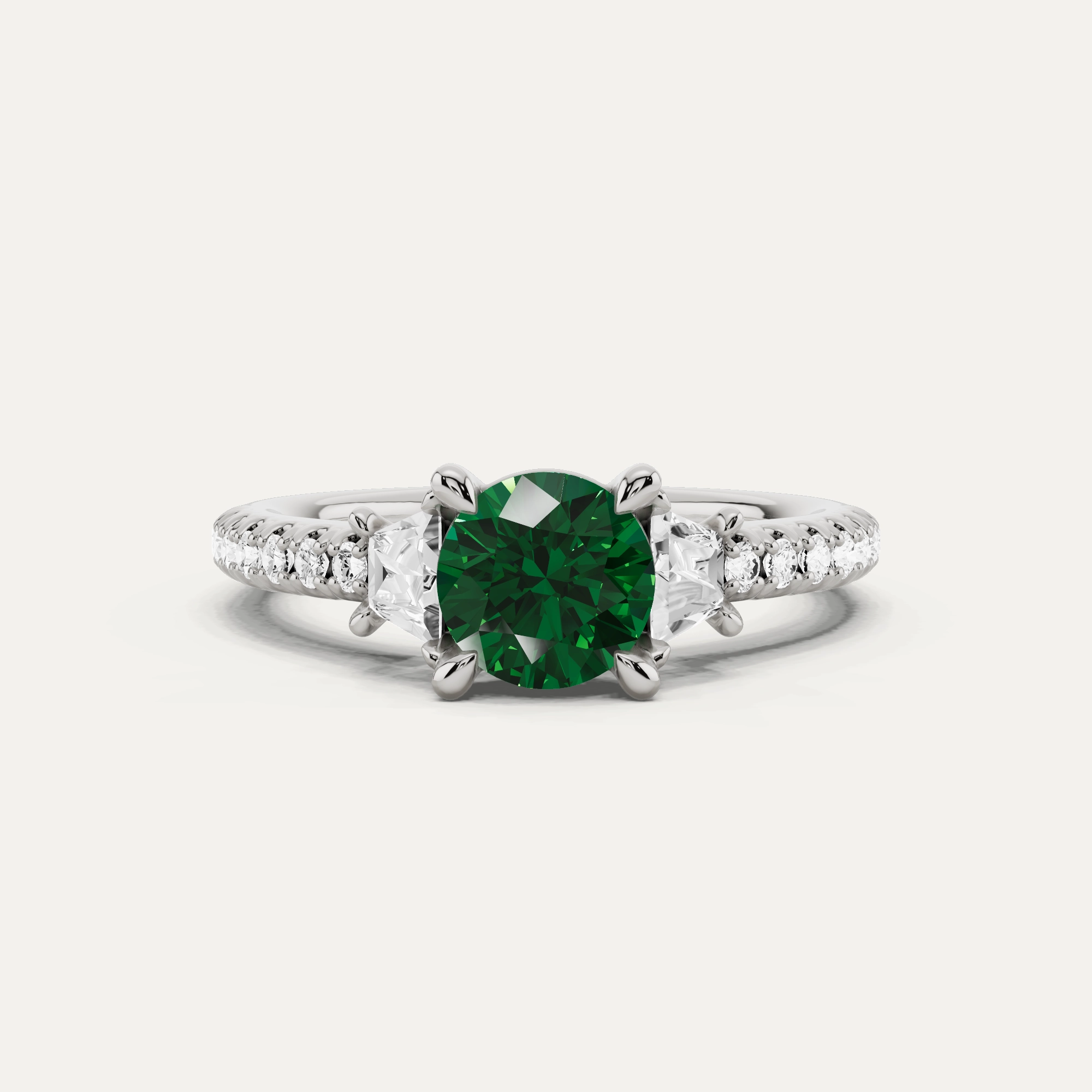 Beach Vibes 1 1/10 ctw Round Created Emerald Three Stone Engagement Ring With Trapezoid Side Stones