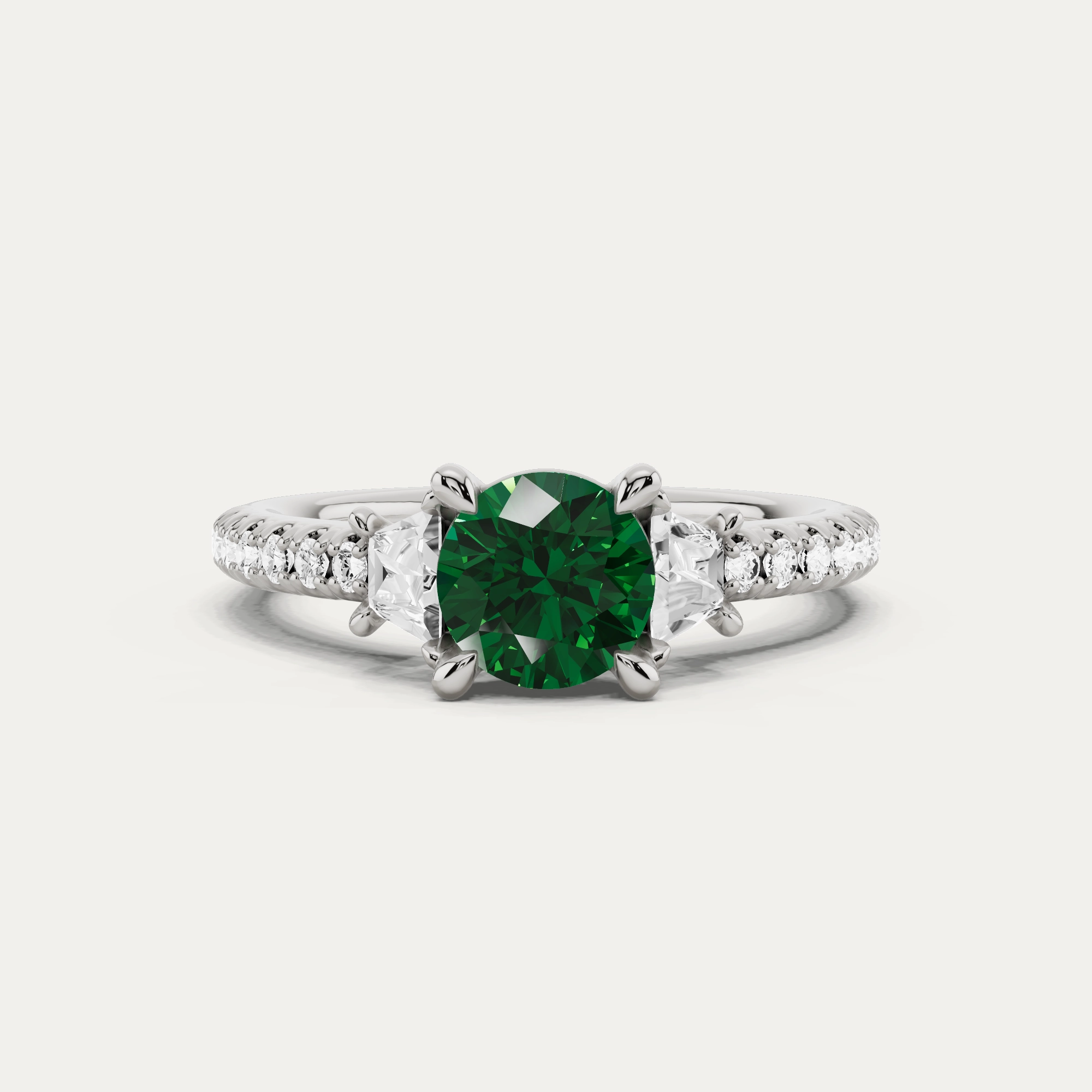 1 1/10 ctw Round Created Emerald Three Stone Engagement Ring With Trapezoid Side Stones Premium Feature