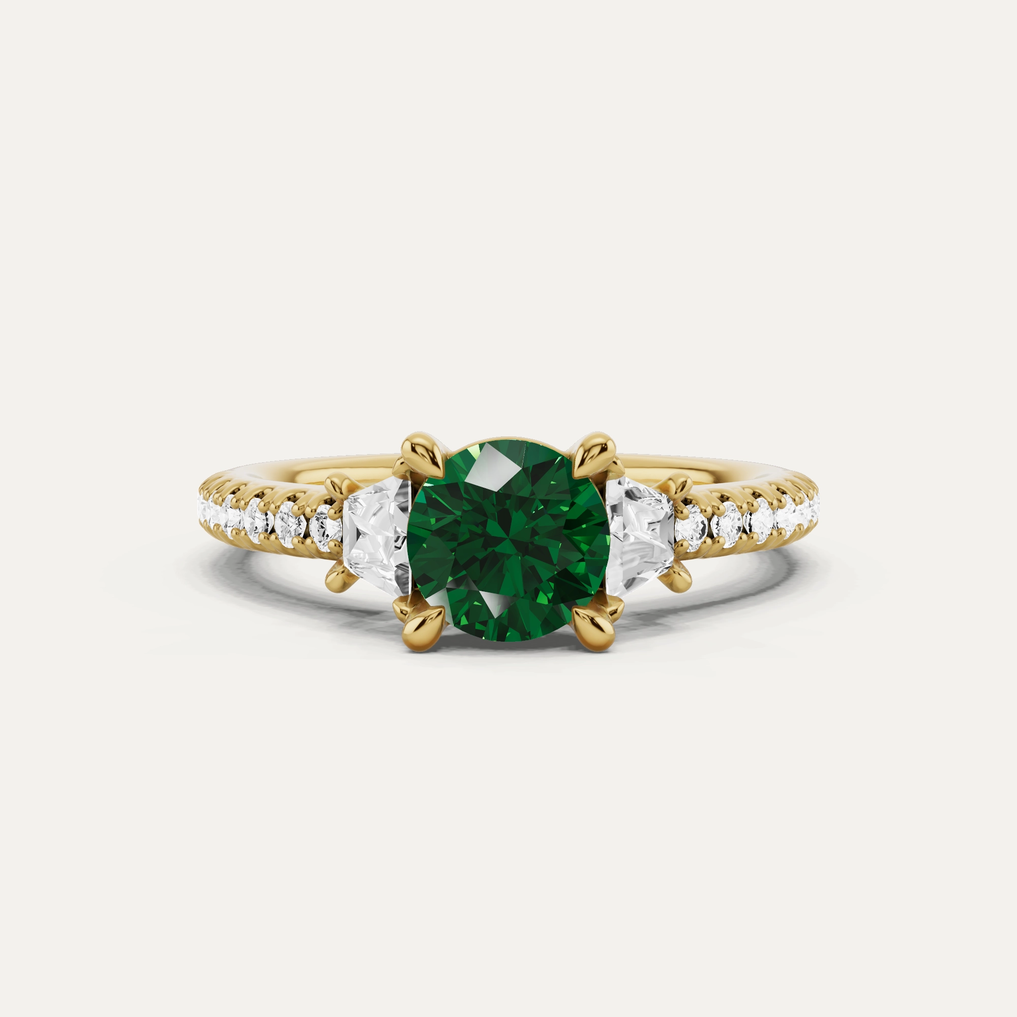 1 1/10 ctw Round Created Emerald Three Stone Engagement Ring With Trapezoid Side Stones Luxury Choice Dynamic Form