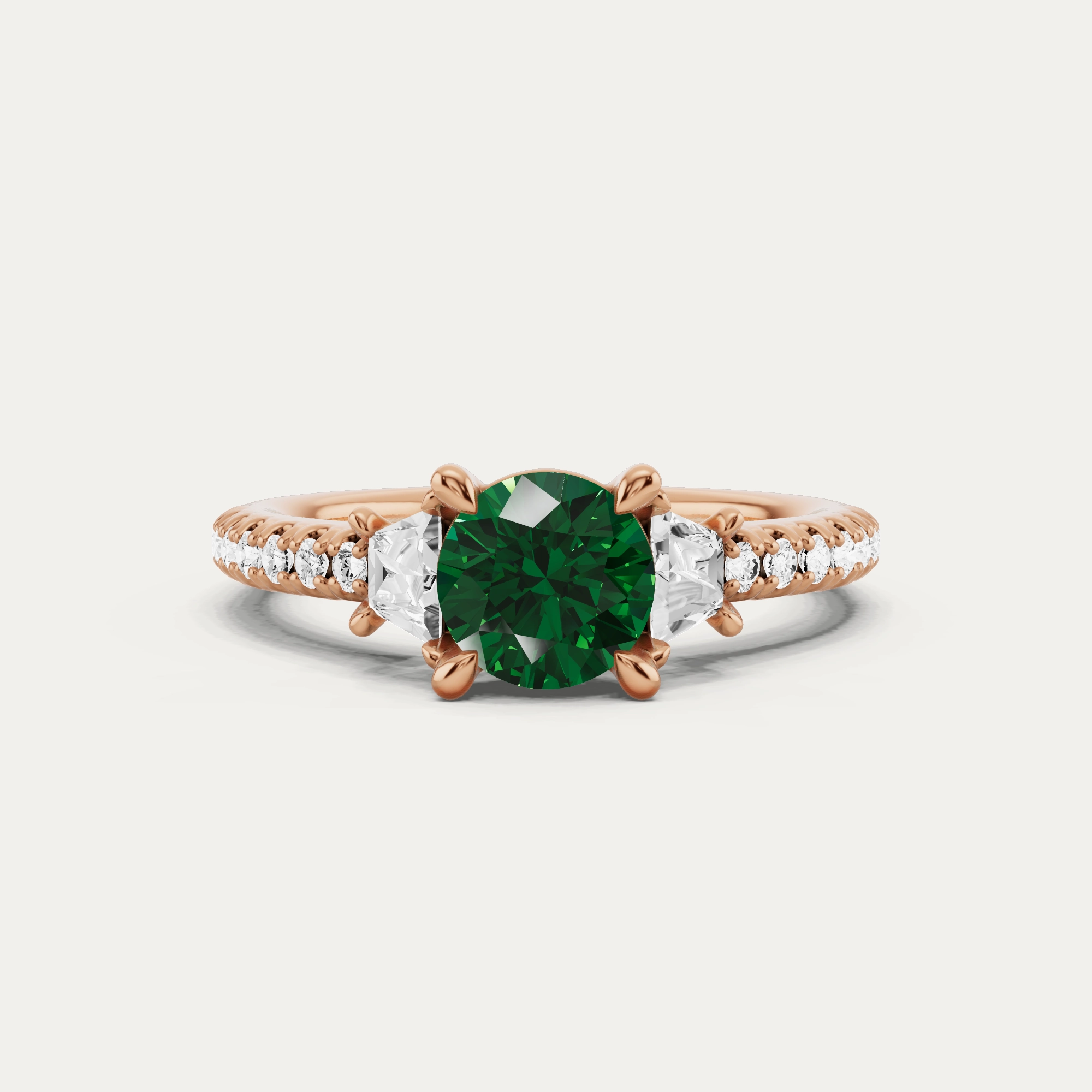 1 1/10 ctw Round Created Emerald Three Stone Engagement Ring With Trapezoid Side Stones Glowing Details Vogue Style