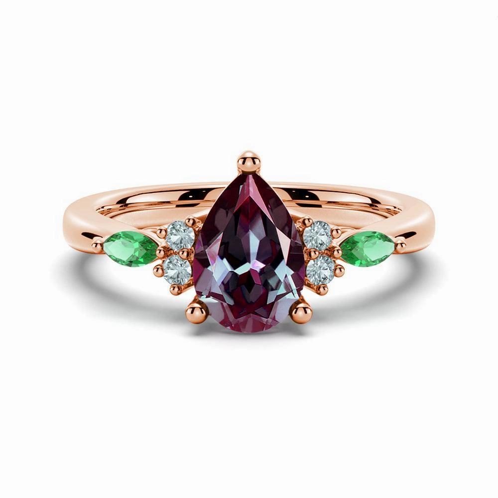 Artisan Jewelry Creative Accessory 1.5 CT. Pear Shaped Alexandrite Engagement Ring With Emerald Accents