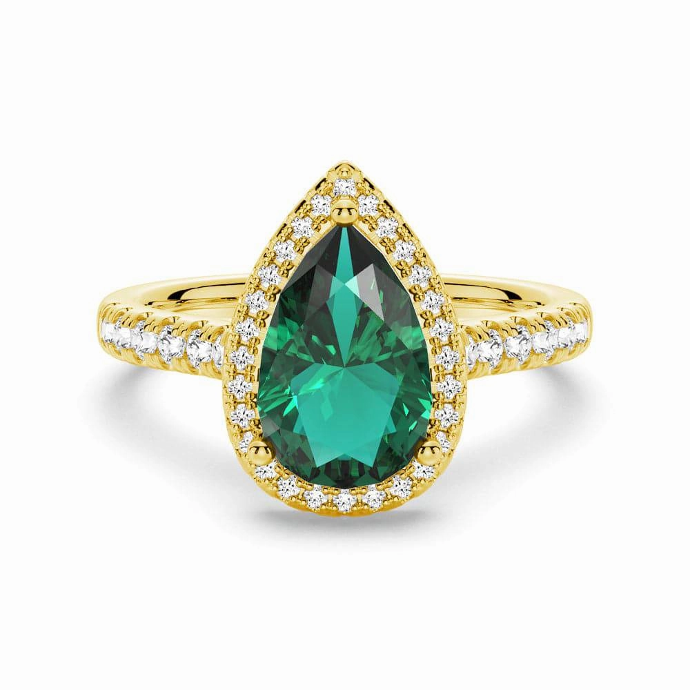 1.5 CT. Pear Shaped Emerald Ring with White Sapphire Halo Accents Hypoallergenic Embellishment petite size