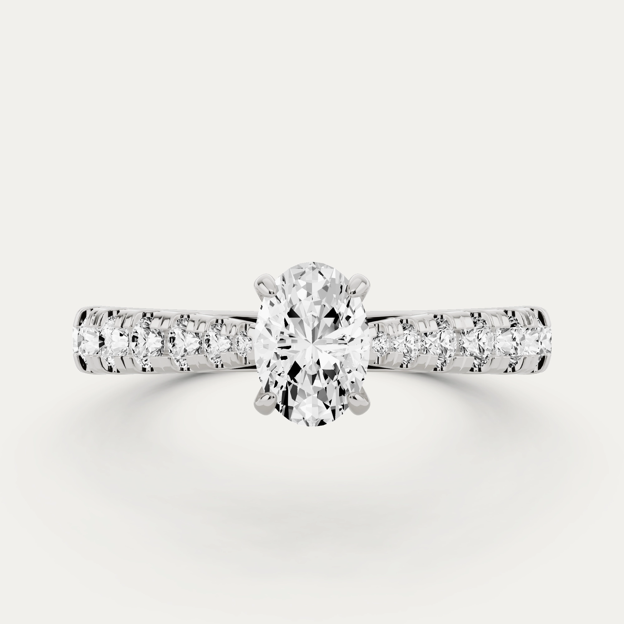 1 ctw Oval Diamond Graduated Side Stone Engagement Ring Shiny Details