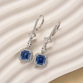 2.0Ct Asscher Cut Blue Stone Drop Earrings In Sterling Silver Pearlescent Item Summer Jewelry