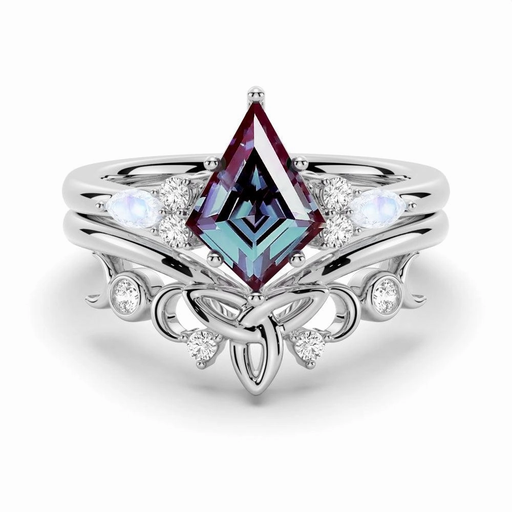 2 CT. Art Deco Unique Kite Cut Alexandrite Engagement Ring Set With Moonstone Accents solid color