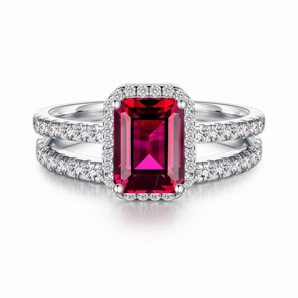 2 CT. Emerald Cut Lab Grown Ruby Ring Set with Matching Wedding Band Urban Mood