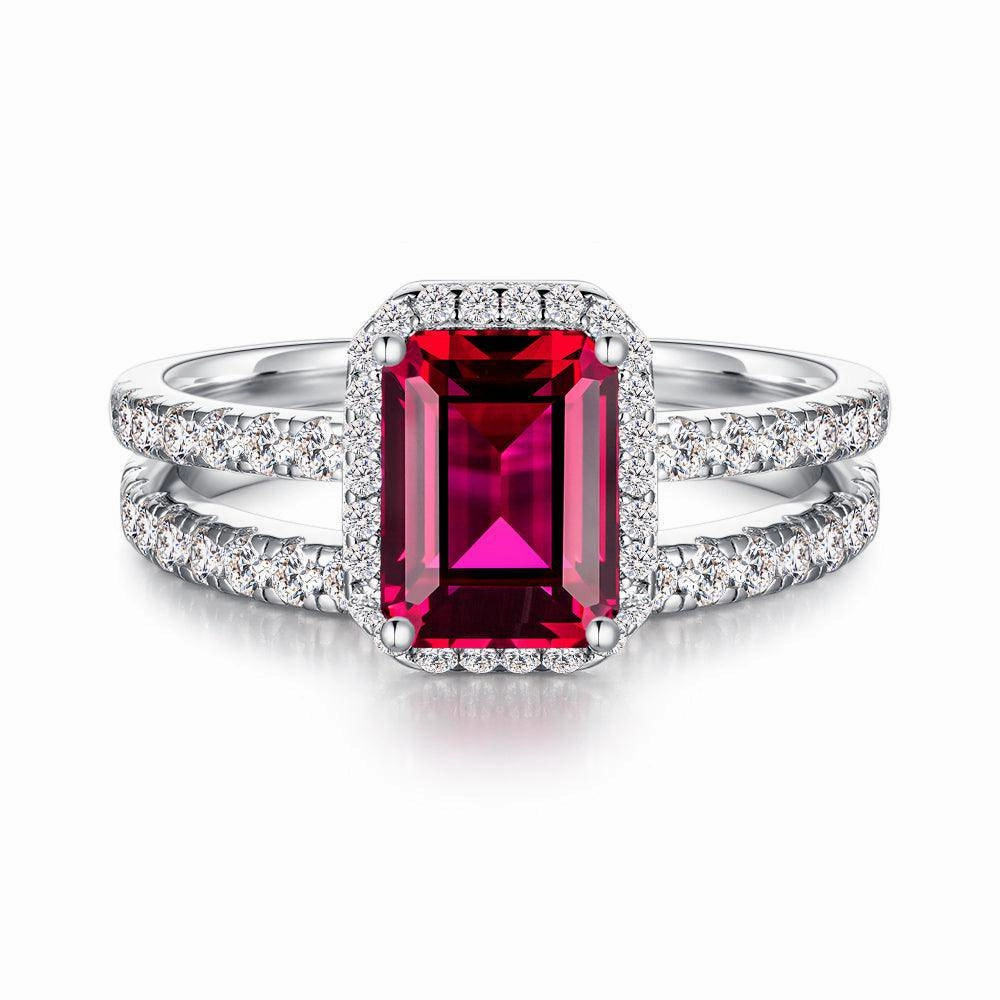2 CT. Emerald Cut Lab Grown Ruby Ring Set with Matching Wedding Band Sentimental Value