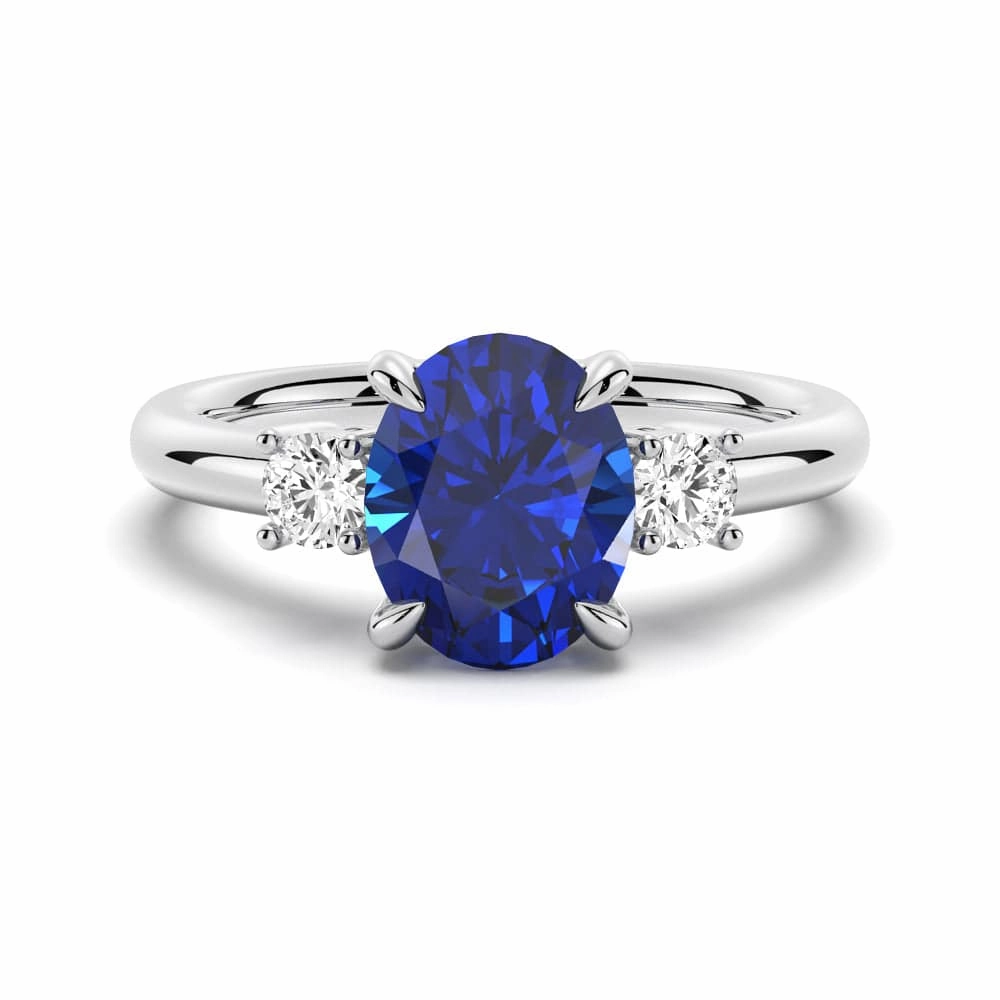 2 CT. Oval Blue Sapphire and White Sapphire Three Stone Ring Budget Item HighEnd Creation