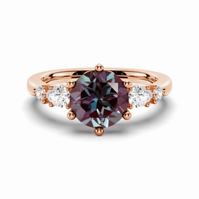 Sentimental Ornament 2 CT. Round Cut Alexandrite Engagement Ring With Pear Shaped Moissanite Accents