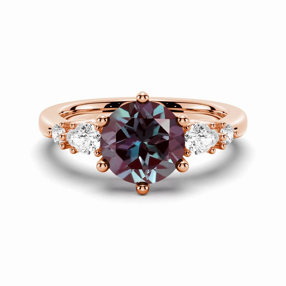 gentle style 2 CT. Round Cut Alexandrite Engagement Ring With Pear Shaped Moissanite Accents