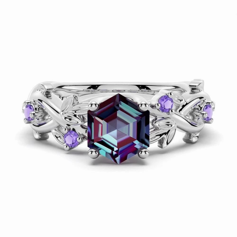 2 CT Vintage Hexagon Cut Alexandrite Engagement Ring With Amethyst Wearable Art Simple Elegance