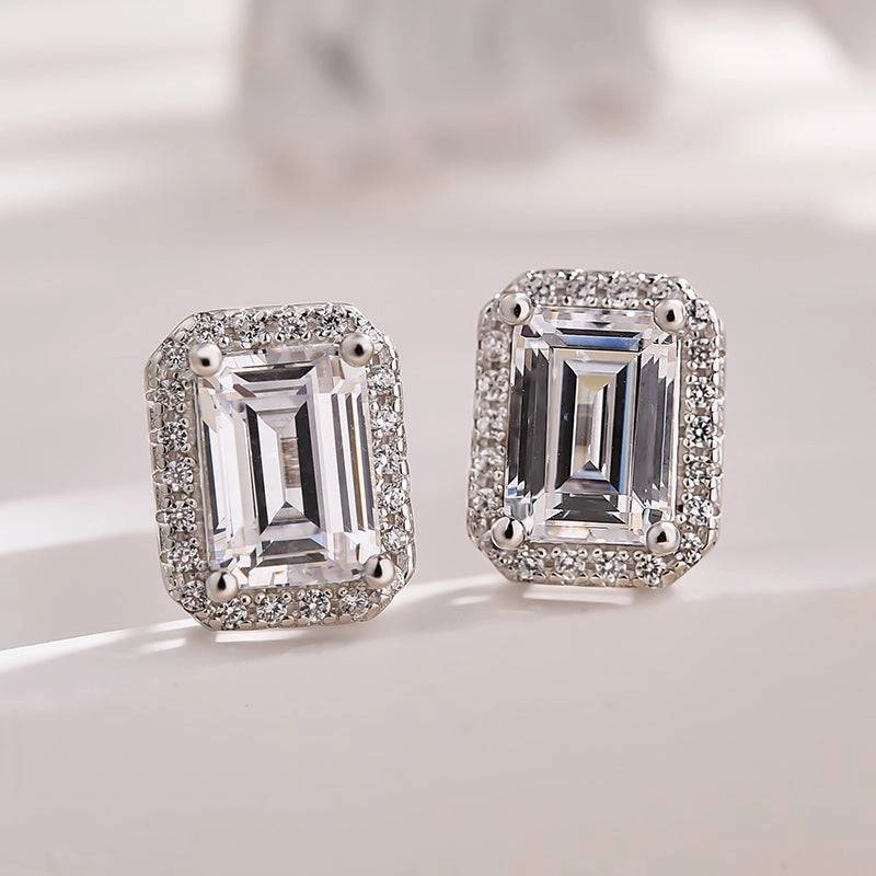 3.0 Carat Halo Sparkle Women's Stud Earrings In Sterling Silver Rectangular Piece