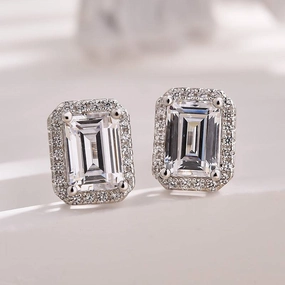 3.0 Carat Halo Sparkle Women's Stud Earrings In Sterling Silver Rectangular Piece