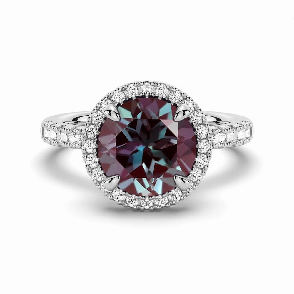 Simple Texture Vibrant Touch 3 CT. Round Cut Alexandrite Engagement Ring With Moissanite Halo Pav??