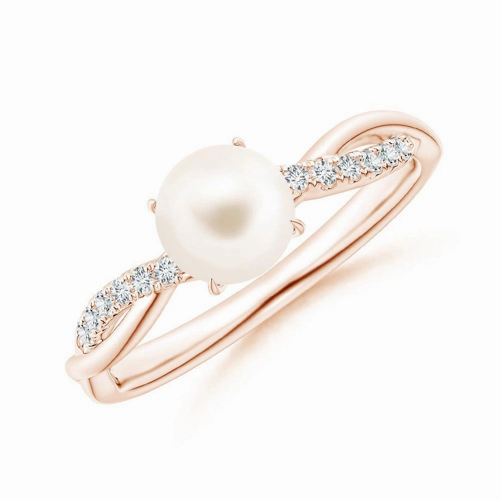 Polished Style Bridal Style 8mm Freshwater Cultured Pearl Twisted Band Shank Ring with Moissanite Pav??