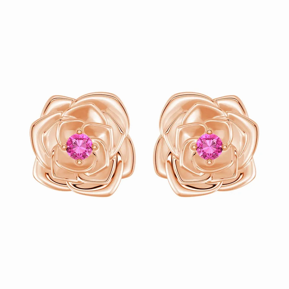 "Radiant Hope" Rose Stud Earrings with Pink Sapphire Polished Aesthetic