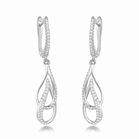 Sterling Silver Double Leaf on English Back Micropave Link Earrings Vintage Option Futuristic Accent
