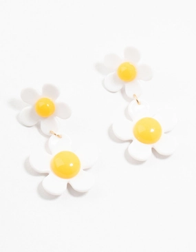 Acrylic White & Yellow Double Daisy Drop Earrings Bright Decoration