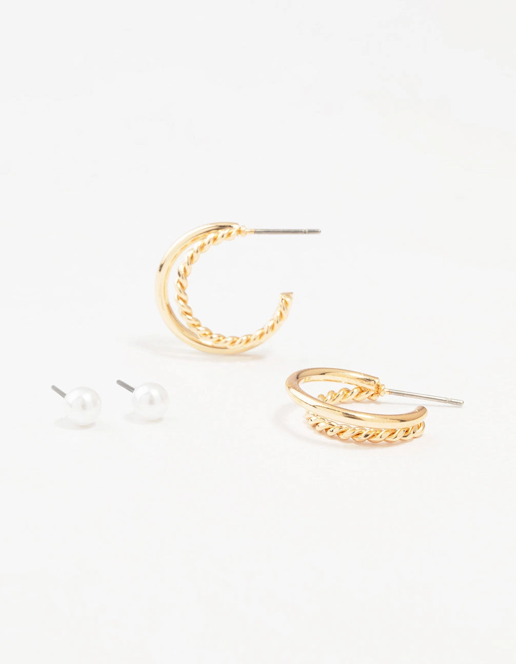 Gold Pearl Studs & Twisted Hoop Earrings 2-Pack Vintage Aesthetic Beautiful Jewelry