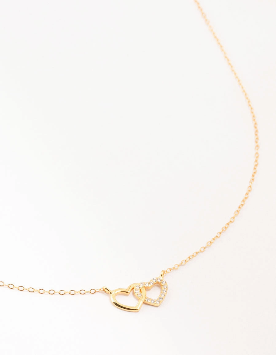 Gold Plated Sterling Silver Double Heart Cubic Zirconia Necklace Stunning Gift
