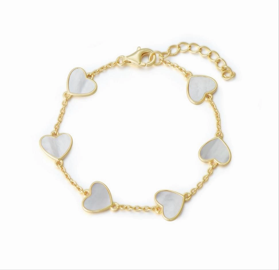Abstract art Gold Plated or Rhodium Plated Sterling Silver Mother of Pearl Heart Bracelet