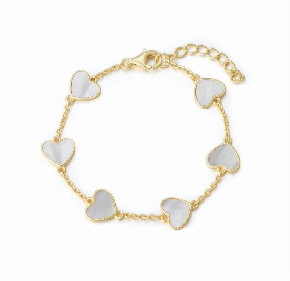 Easy Breezy Valuable Addition Gold Plated or Rhodium Plated Sterling Silver Mother of Pearl Heart Bracelet