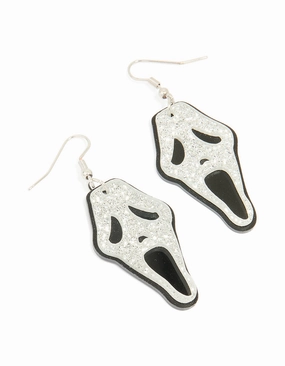 Black & White Acrylic Glitter Ghost Face Drop Earrings Unique Vibe