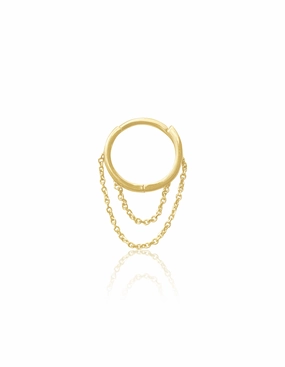 14KT Gold Mini Double Chain Huggie Clicker Earring Iridescent Ornament Curved Accent