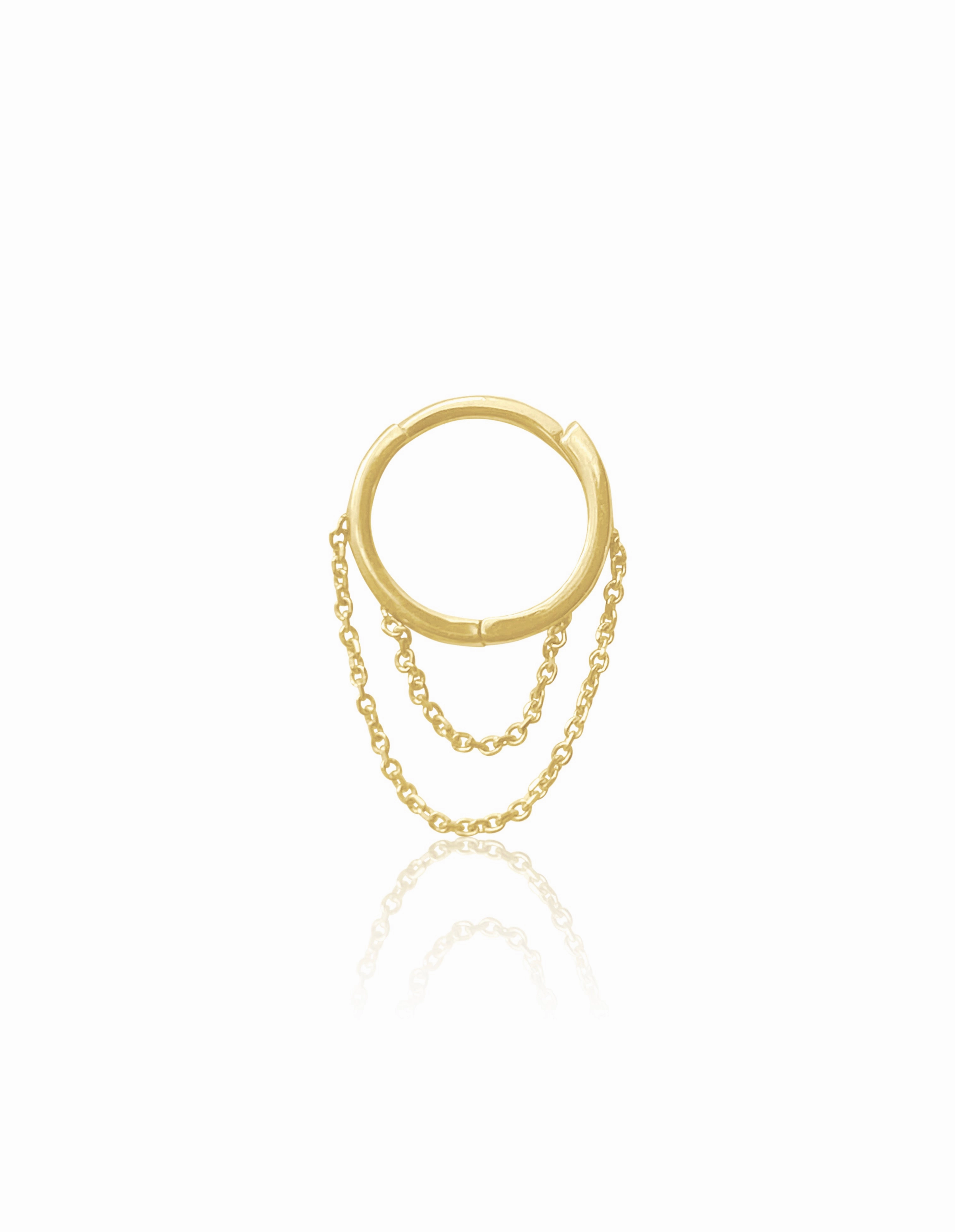 14KT Gold Mini Double Chain Huggie Clicker Earring Iridescent Ornament Curved Accent