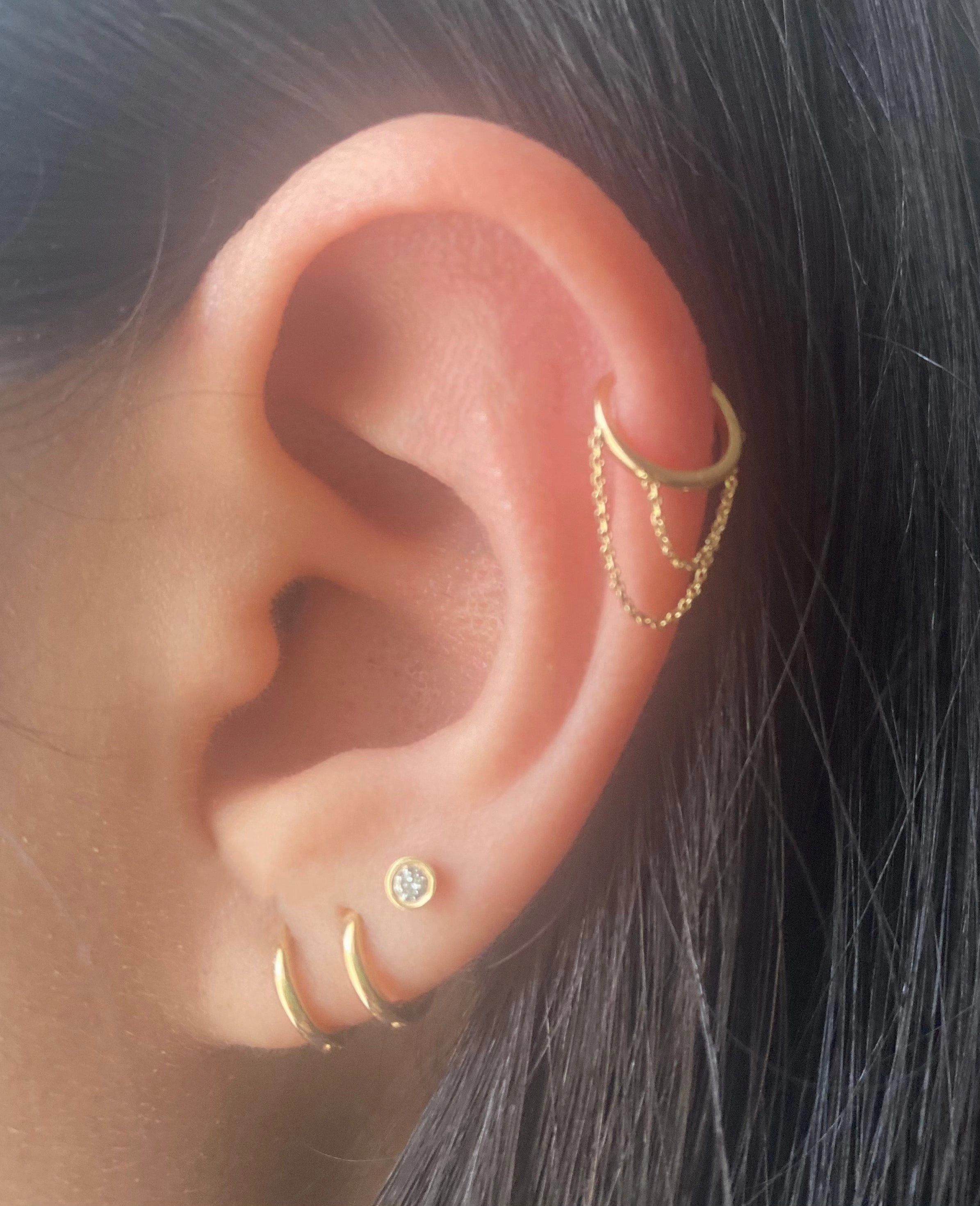 14KT Gold Mini Double Chain Huggie Clicker Earring Straight Adornment Elegant adornment