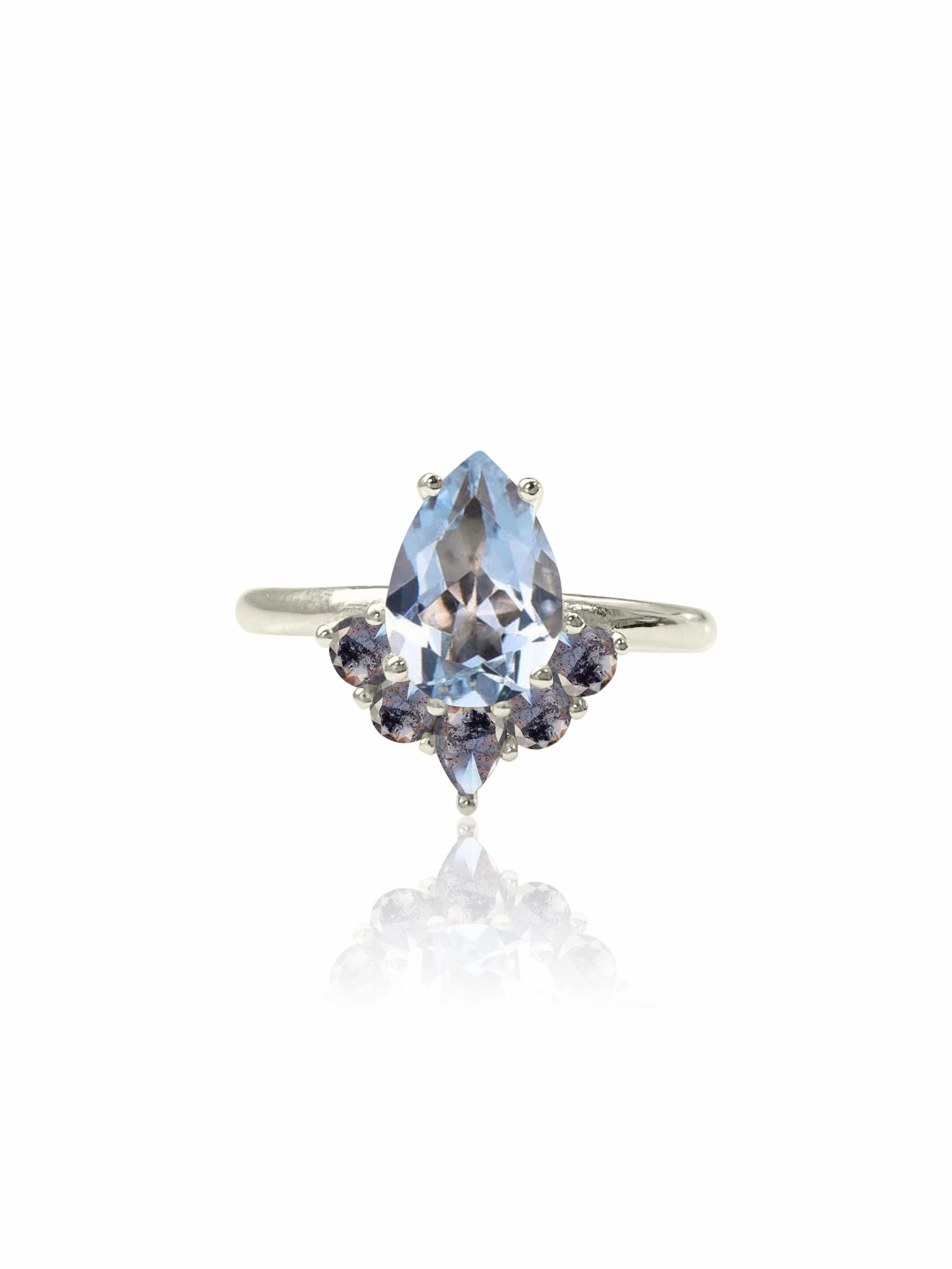 Suyana 14K Aquamarine & Salt and Pepper Diamond Ring Premium Object Stretchable Fit
