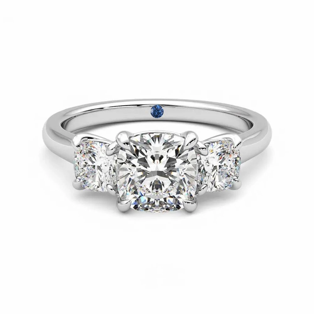 Four Prong Three Stone Cushion Cut Moissanite Engagement Ring with Hidden Anniversary Stone Accent Fantastic Object Glamorous Expression