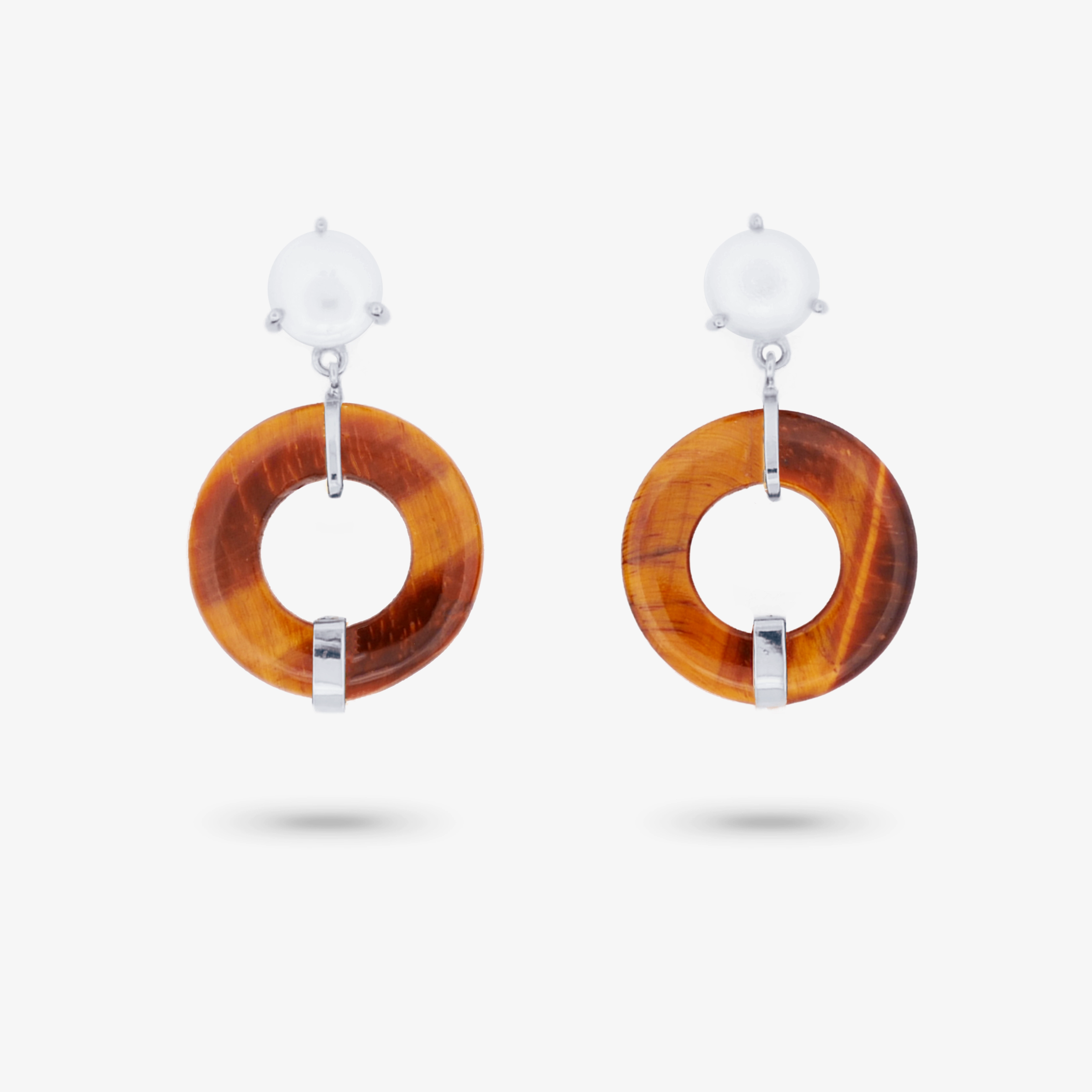 Minimalist Accent Amare Wear Oriental Inspired Freshwater Pearl and Tiger Eyes Dangle Earrings