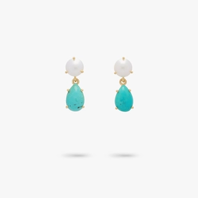 Amare Wear Petite Freshwater Pearl and Turquoise Dangle Earrings Minimalist Detail