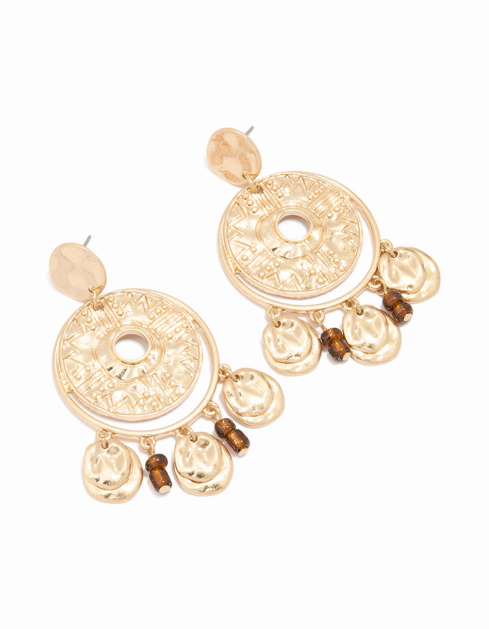 Heart-Shaped Item Antique Gold Brown Beaded Textured Circle Drop Earrings