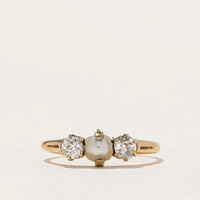 Antique natural Pearl & Old-cut Diamond trilogy ring | 0.45ctw | SZ 7.5 Bold piece Fashion Night