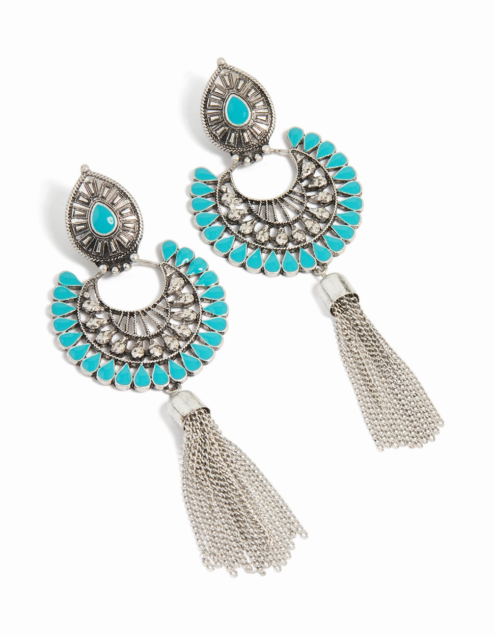 Antique Silver Blue Round Western Tassel Drop Earrings Sturdy Essential Minimalist Option