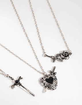 Antique Silver Enamel Heart Layered Necklaces Party Charm Adornment