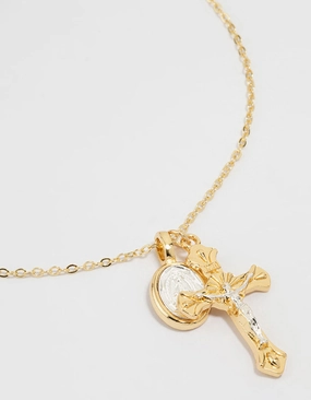 Mixed Metal Cross & Mary Pendant Necklace Simple Beauty Minimalist Jewelry