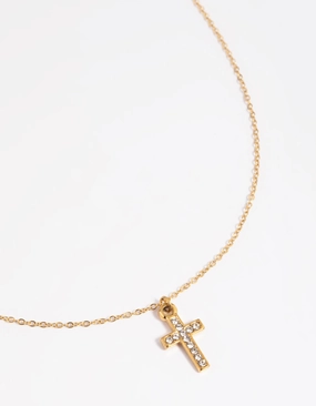 Waterproof Gold Plated Stainless Steel Cubic Zirconia Cross Necklace Statement Detail Own Item