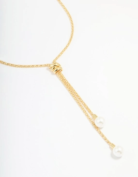 Gold Plated Pearl Lariat Adjustable Necklace Timeless Gems