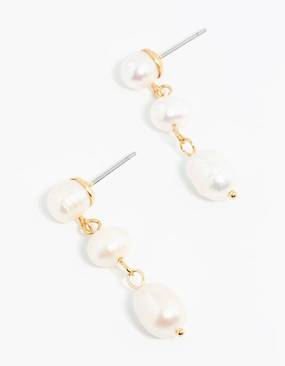 Daily Radiance Gold Plated Freshwater Pearl Trio Drop Earrings