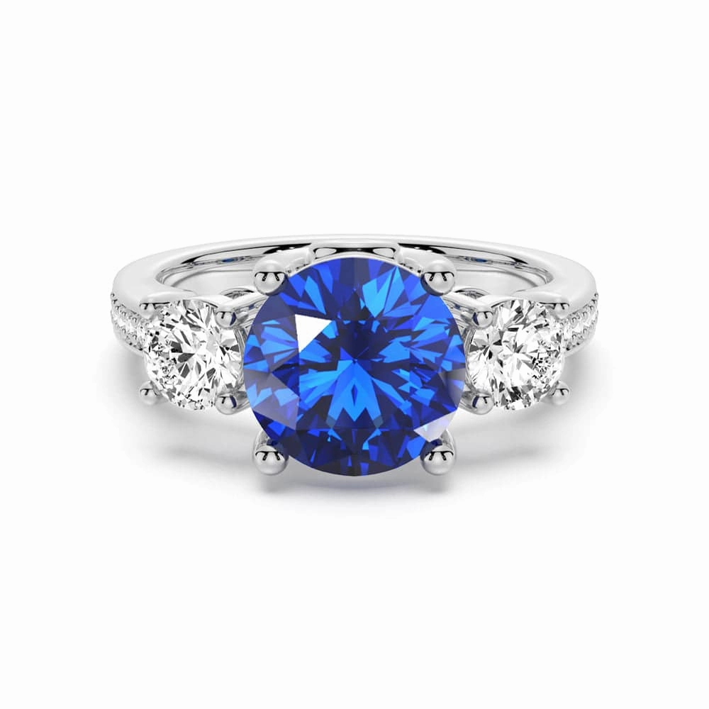 2.5 CT. Classic Blue Sapphire and White Sapphire Three Stone Ring Solar powered Traditional Adornment