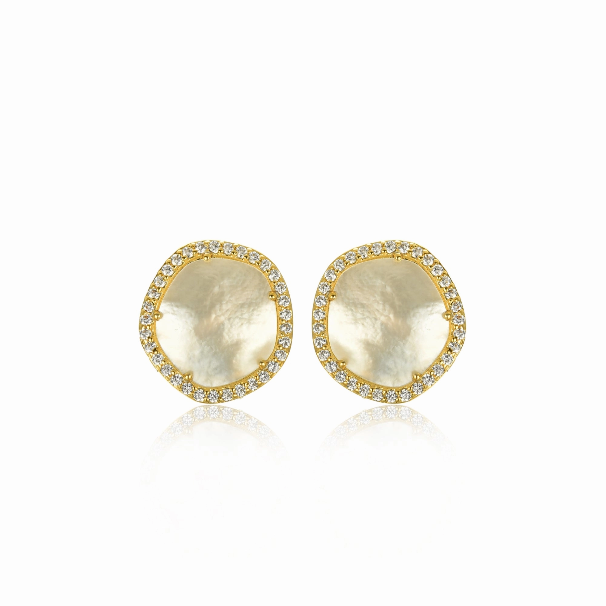 Gold-Plated Surgical Steel CZ Border With Mother of Pearl Natural Shape Stud Earrings Modern Aesthetic Oversized Accent