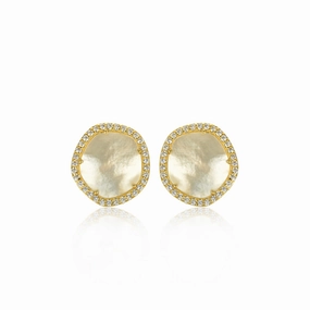 Timeless Item Beautiful Product Gold-Plated Surgical Steel CZ Border With Mother of Pearl Natural Shape Stud Earrings