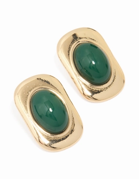 Vintage Embellishment Unique Ornament Gold Green Stone Rectangle & Oval Stud Earrings