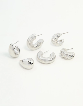 Silver Mixed Texture Hoop Earrings 3-Pack Daytime Adornment